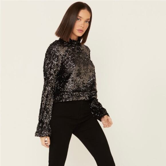 Free People Moonstruck Open Back Black Sequins Top Long Sleeve Size S - Picture 4 of 16